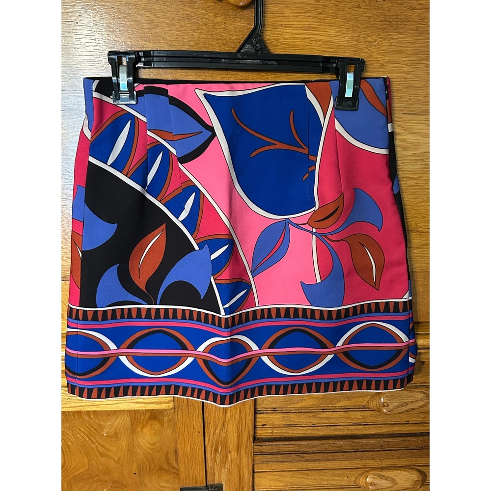 Zara Women Multicolor Abstract Leaf Print Mini Skirt Pink Blue Size Medium